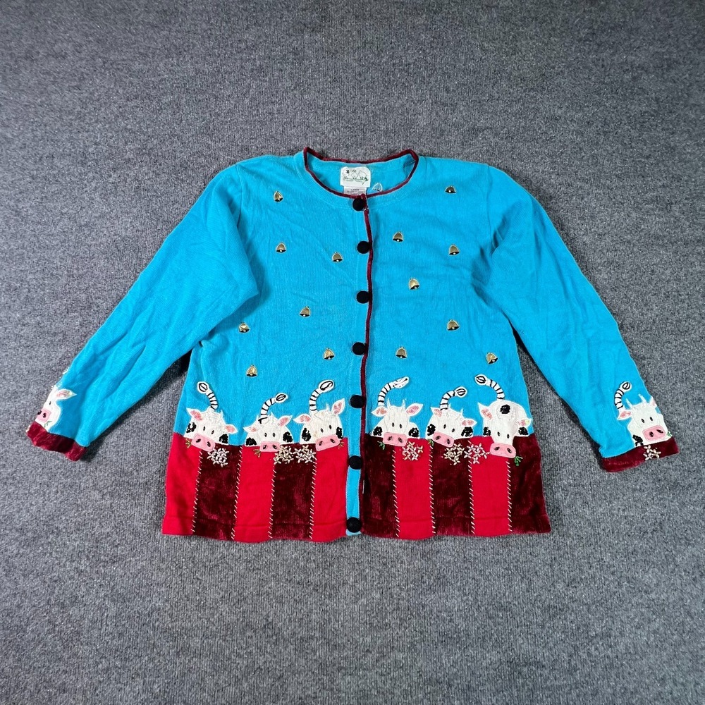 Vintage Quacker Factory Cardigan Sweater Womens Large Blue Cow Ugly Christmas
